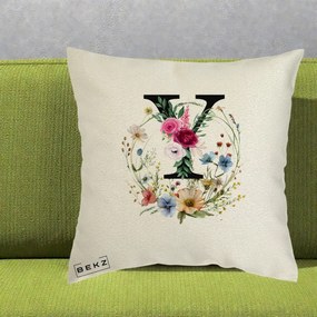 Cadou Personalizat - Perna Personalizata Monograma Florala Litera Y cu Coroana, 40x40 cm, Ecru, Husa Detasabila, Perna Inclusa, BEKZ®