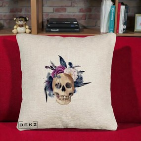 Perna Decorativa Craniu Floral cu Trandafiri si Ciuperci, 40x40 cm, Bej Canapea, Husa Detasabila, Perna Inclusa, BEKZ®