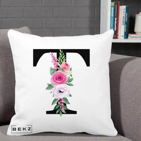 Cadou Personalizat - Perna Personalizata Monograma Florala Litera T, 40x40 cm, Alba Mata, Husa Detasabila, Perna Inclusa, BEKZ®