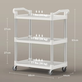 HOMCOM Cărucior de Bucătărie cu 3 Rafturi, Roți Pivotante și Suprafață Antiderapantă, 88x44x93 cm, Alb și Argintiu | Aosom Romania