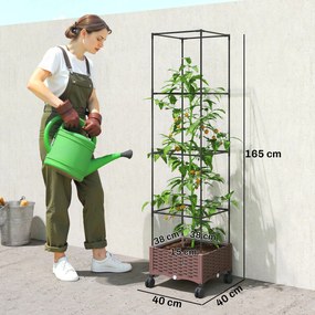 Outsunny Jardinieră Înălțată cu Spalier 20L, Pat de Grădină Înălțat pentru Exterior cu Roți Blocabile, Sistem de Autoirigare, Orificii de Drenaj pentru Plante Cățărătoare, Legume și Flori, Maro | Aosom Romania