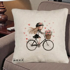 Perna Decorativa Fetita Kawaii pe Bicicleta cu Trandafiri si Inimioare, 40x40 cm, Bej Canapea, Husa Detasabila, Perna Inclusa, BEKZ®