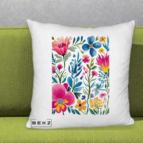 Perna Decorativa Gradina Florala Acuarela Colorata, 40x40 cm, Alb Pufos, Husa Detasabila, Perna Inclusa, BEKZ®