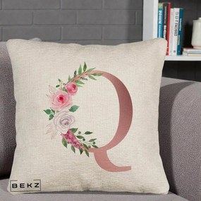 Cadou Personalizat - Perna Personalizata Monograma Rose Gold Litera Q, 40x40 cm, Bej Canapea, Husa Detasabila, Perna Inclusa, BEKZ®