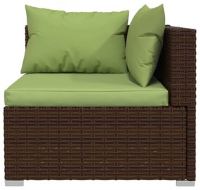 Set mobilier de gradina cu perne, 6 piese, maro, poliratan maro si verde, 2x colt + 2x mijloc + 2x suport pentru picioare, 1