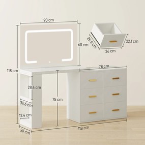 HOMCOM Stație de Machiaj cu Lumini LED, 3 Culori, Luminozitate Reglabilă, Toaletă Convertibilă cu Prize Electrice, 6 Sertare Soft Close, Oglindă, Rafturi Deschise, pentru Dormitor, Alb | Aosom Romania