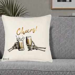 Perna Decorativa Halloween Cheers Schelete cu Bere, 40x40 cm, Crem Reliefat, Husa Detasabila, Perna Inclusa, BEKZ®