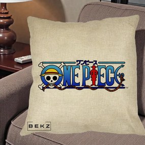 Perna Personalizata One Piece Clasic Albastru, 40x40 cm, Crem, Husa Detasabila, Perna Inclusa, BEKZ®