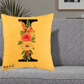 Cadou Personalizat - Perna Personalizata Monograma Florala Litera I, 40x40 cm, Galben, Husa Detasabila, Perna Inclusa, BEKZ®