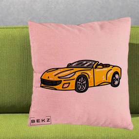 Perna Personalizata Masina Cabriolet Galbena Grafic, 40x40 cm, Roz, Husa Detasabila, Perna Inclusa, BEKZ®