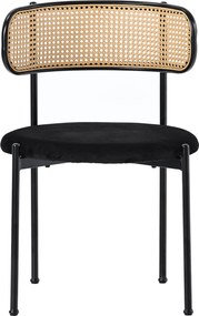 Set de 2 scaune de dining din țesătură cu efect de catifea, cu picioare din metal și spătar din ratan, 60x18x86 cm, Negru