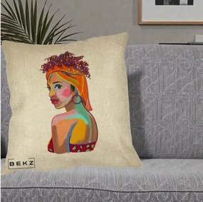 Perna Decorativa Portret Femeie Colorat Pop Art, 40x40 cm, Crem, Husa Detasabila, Perna Inclusa, BEKZ®