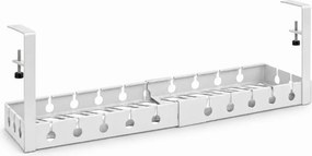 Organizator de cabluri sub birou, extensibil 43–74 cm, lățime 14 cm, prindere fără găurire, oțel carbon, Alb