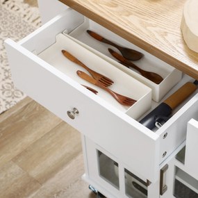 HOMCOM Cărucior de bucătărie cu roți Insulă de bucătărie cu 2 sertare 3 uși din sticlă securizată suport prosop 124,5x39,5x90 cm Alb | Aosom Romania