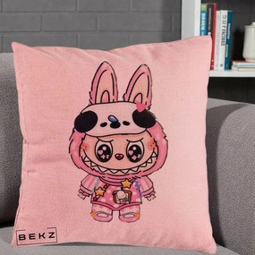Perna Personalizata Labubu Panda-Bunny Roz, 40x40 cm, Roz, Husa Detasabila, Perna Inclusa, BEKZ®