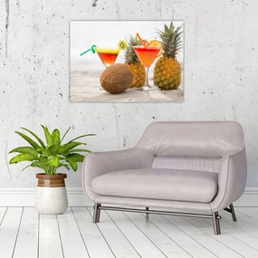 Tablou pe sticlă cu ananas și pahare pe plajă (70x50 cm)
