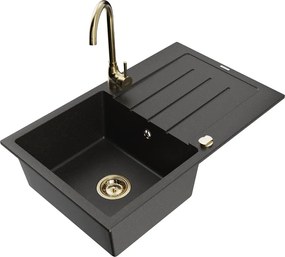 Mexen Bruno chiuvetă din granit cu 1 compartiment, cu scurgător și baterie de bucătărie Telma, negru/auriu