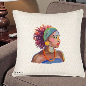Perna Decorativa Portret Femeie Urbana Acuarela, 40x40 cm, Crem Reliefat, Husa Detasabila, Perna Inclusa, BEKZ®