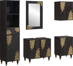 vidaXL Set dulap baie cu sertar cu ușă 5 pcs Negru Lemn de mango solid