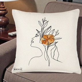 Perna Decorativa Portret Feminin Floare Portocalie Lateral, 40x40 cm, Crem Reliefat, Husa Detasabila, Perna Inclusa, BEKZ®