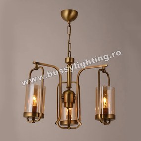 Lustra Kandil cu 3 Brate, Neo Clasic, Finisaj Bronz Antichizat, Abajur Amber - Bussy Lighting 7400-52-03