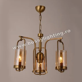 Lustra Kandil cu 3 Brate, Neo Clasic, Finisaj Bronz Antichizat, Abajur Amber - Bussy Lighting 7400-52-03