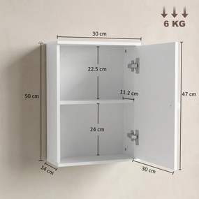 HOMCOM Dulap de Perete pentru Baie cu Raft Reglabil și Ușă, 30x14x50 cm, Alb | Aosom Romania