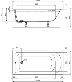 Cada baie incastrata Ideal Standard Hotline, dreptunghiulara, 170x80 cm 1700x800 mm