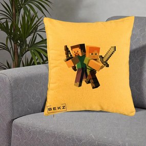 Perna Personalizata Minecraft Steve si Alex, 40x40 cm, Galben, Husa Detasabila, Perna Inclusa, BEKZ®