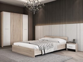 Dormitor Luiza 4U4P, culoare sonoma / alb, cu pat standard 140 x 200 cm, dulap cu 4 usi si 2 noptiere