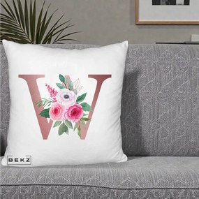 Cadou Personalizat - Perna Personalizata Monograma Rose Gold Litera W cu Trandafiri si Anemona, 40x40 cm, Alb Pufos, Husa Detasabila, Perna Inclusa, BEKZ®