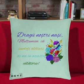 Perna Personalizata Dragii Nostri Nasi Multumim cu Flori Multicolore Colorat, 40x40 cm, Verde Menta, Husa Detasabila, Perna Inclusa, BEKZ®