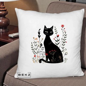 Perna Decorativa Pisica Neagra Botanica Rosu-Gri, 40x40 cm, Alb Pufos, Husa Detasabila, Perna Inclusa, BEKZ®