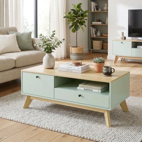 HOMCOM Masă de cafea pentru living, măsuță dreptunghiulară cu sertar, ușă și compartiment deschis, verde deschis și stejar | Aosom Romania