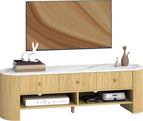 HOMCOM Comodă TV 140 cm, mobilier pentru televizor 165 cm cu aspect de marmură 3 sertare fețe canelate aspect lemn natural | Aosom Romania