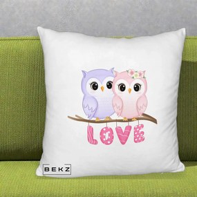 Perna Decorativa Love Bufnite Indragostite pe Crenguta Roz si Mov, 40x40 cm, Alb Pufos, Husa Detasabila, Perna Inclusa, BEKZ®
