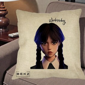 Perna Personalizata Wednesday Addams Portret Realist, 40x40 cm, Crem, Husa Detasabila, Perna Inclusa, BEKZ®