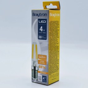 Bec LED Vintage filament 4W(38W) Braytron, flacara, E14, 470lm, lumina calda(3000 K), clasa energetica E