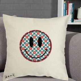 Perna Decorativa Smiley Face Checkered cu Floricele, 40x40 cm, Ecru, Husa Detasabila, Perna Inclusa, BEKZ®