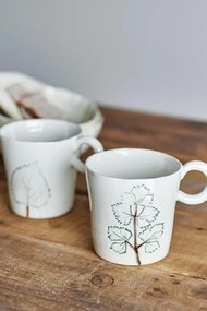 Set 2 căni din ceramică artizanală natur cu finisaj antichizat și motive botanice cu frunze, 9×9 cm, "Aubrin"