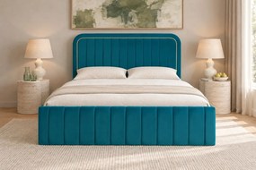 Pat tapițat din catifea Solen 140×200 cm, turcoaz, cu ladă de depozitare