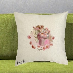 Perna Decorativa Femeie cu Flori Roz Acuarela, 40x40 cm, Ecru, Husa Detasabila, Perna Inclusa, BEKZ®