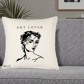 Perna Decorativa Art Lover Portret Grafic, 40x40 cm, Crem Reliefat, Husa Detasabila, Perna Inclusa, BEKZ®