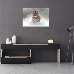 Tablou pe sticlă cutigru fugind prin zăpadă (70x50 cm)