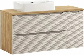 Set dulap baza suspendat 120 cm cu blat, lavoar si dulap lateral Comad Ocean bej si stejar uleiat