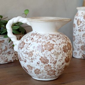 Carafă albă din ceramică antichizată, pictată manual, cu motiv floral natur, 18,5x20,5 cm, „Grenoble"