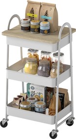 HOMCOM Cărucior pentru bucătărie, cărucior de servire cu 3 nivele, blat superior, coșuri, mânere, 45 x 32 x 77,5 cm stejar | Aosom Romania