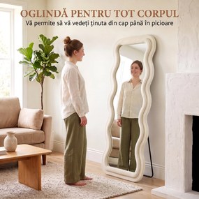 HOMCOM Oglindă de Podea Autoportantă cu Ramă Ondulată din Catifea, 160x60 cm, Sticlă Securizată, Crem | Aosom Romania