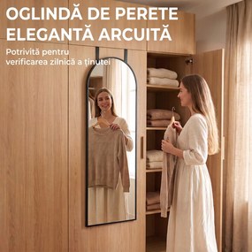 HOMCOM Oglindă de Perete Arcuită 110x40 cm, Ramă din Aluminiu, Cârlige, Design Modern, Negru | Aosom Romania