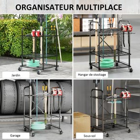 Outsunny Organizator de unelte de grădină, suport pentru unelte de grădină cu 40 compartimente pe 2 niveluri cu roți 57 x 48 x 70 cm negru | Aosom Romania